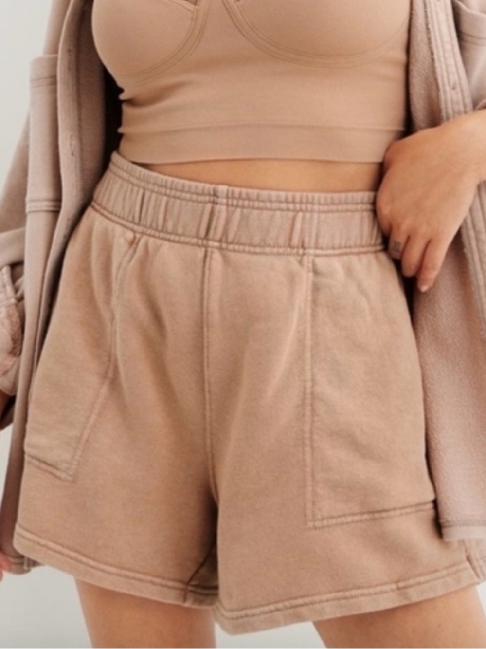 Aerie Tan Washed Fleece Patch Pocket High Rise Shorts Size M